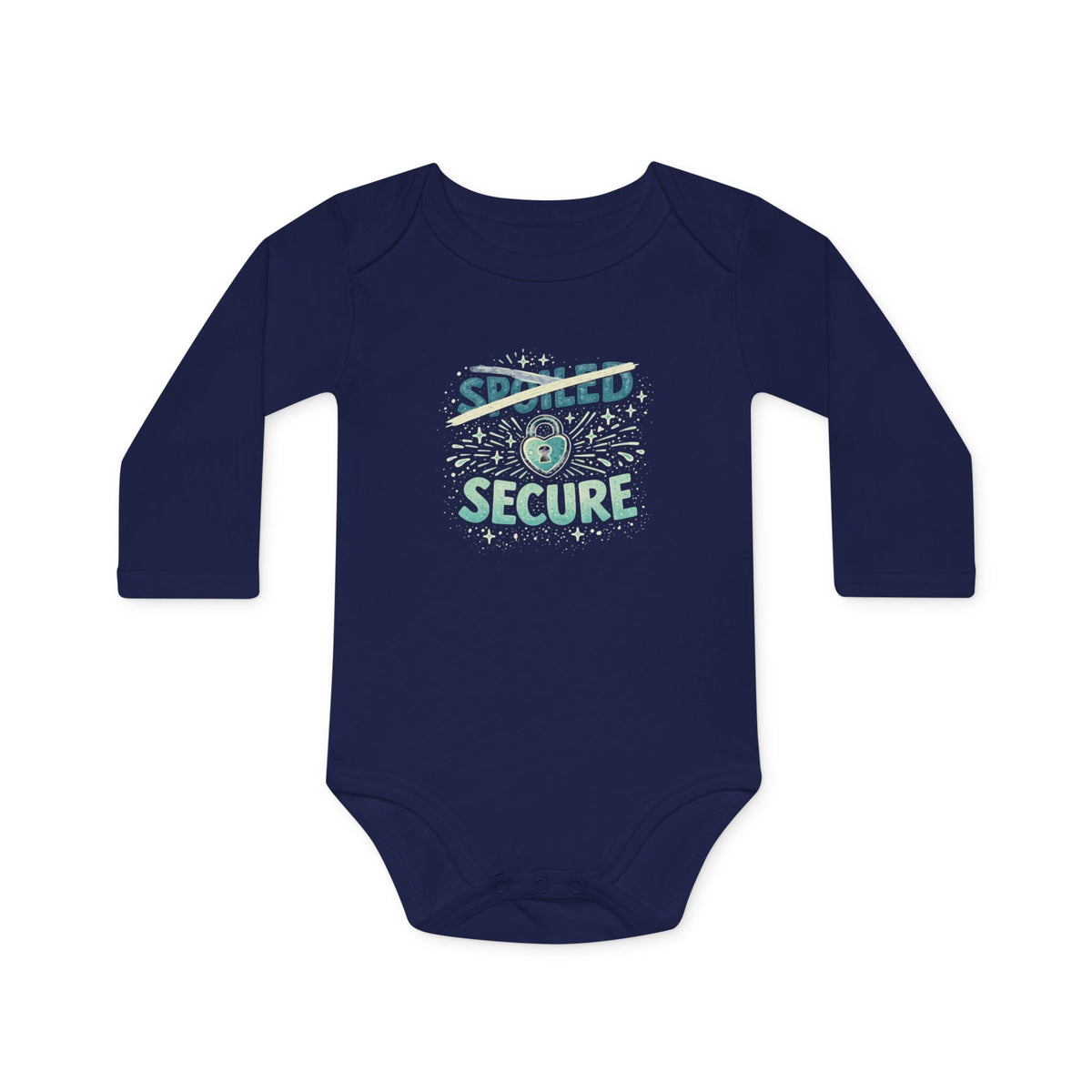 Organic Onesie "Secure not Spoiled"  - Navy Long-Sleeve Organic Infant Onesie